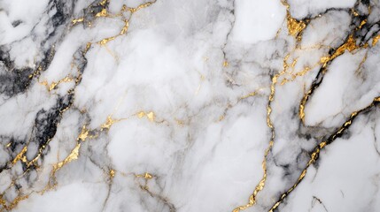 Poster - Fine texture of white marble with gray and gold veins, providing a luxurious and classic background pattern.