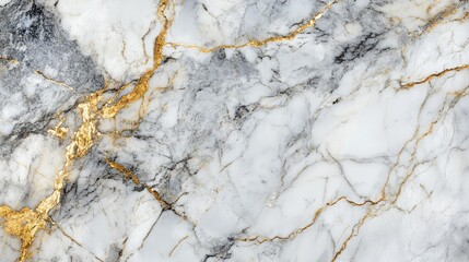 Poster - Fine texture of white marble with gray and gold veins, providing a luxurious and classic background pattern.