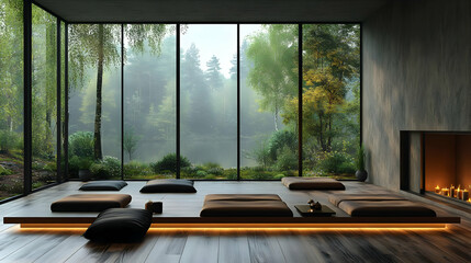 Wall Mural - Modern minimalist room with large windows overlooking a lake and forest.