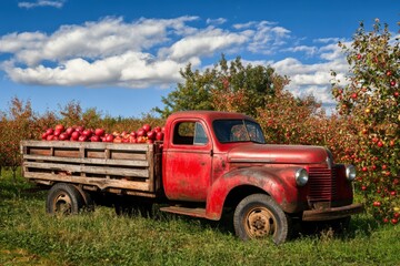 farm truck: old antique red truck in autumn apple orchard landscape in new england