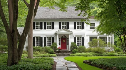 Poster - A picturesque Colonial home exterior with white clapboard siding, black shutters