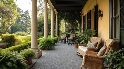 Poster - A tranquil Colonial veranda with rocking chairs, a wicker settee, and potted ferns