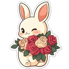 Wall Mural - Cute Cartoon Bunny Holding a Bouquet of Roses