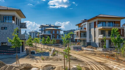 Modern residential neighborhood under construction, urban development, future living spaces