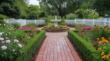 Poster - A classic Colonial garden with a brick pathway, neatly trimmed boxwood hedge