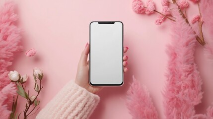 Canvas Print - Hand holding smartphone with blank screen, pink background, modern minimalistic design.