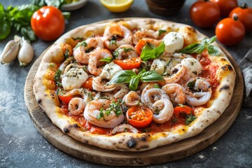 Delicious pizza with seafood and mozzarella being served on a wooden plate