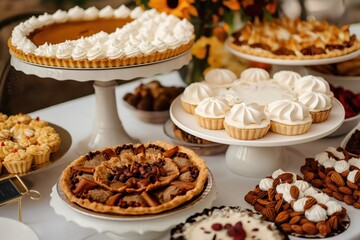 Delicious homemade thanksgiving desserts sitting on cake stands arranged on a table at a party