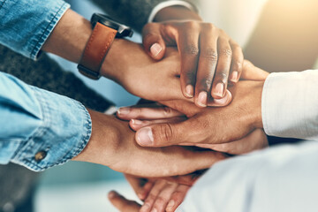 Poster - Business, people and hands with stack for collaboration with employee solidarity, inclusion or equality in workplace. Diversity group, pile and gesture for staff support, team building or cooperation