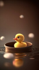 Poster - Adorable Baby Duckling in a Little Boat on Water with Soft Bokeh