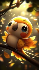 Poster - Cute Cartoon Bird Perched on Branch