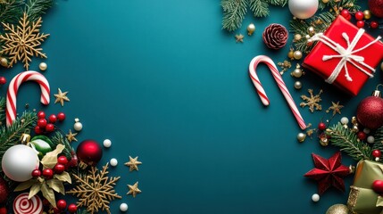 Wall Mural - Festive Christmas Decorations on Teal Background with Copy Space