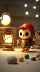 Poster - Cute Owl Holding a Lantern in a Cozy Room