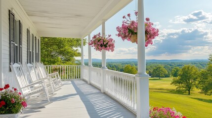 Poster - An airy Colonial porch with white railings, rocking chairs, and hanging flower baskets