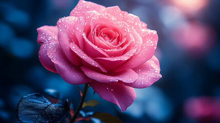 Canvas Print - Pink rose with water droplets on petals, soft blue background.