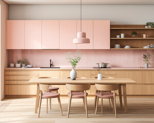 Wall Mural - Modern Kitchen Interior with Pink Cabinets and Wooden Table