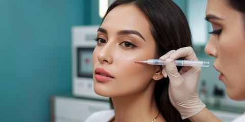 Wall Mural - A female patient receiving a cosmetic facial procedure in a modern clinic, focusing on precision and care.