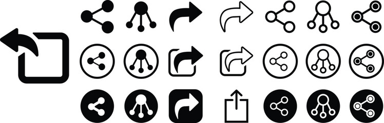 Poster - Share Flat, Outline icons Set. Arrow symbols. Reply send forward buttons connection signs on transparent background. Share Link Button for Social Media Silhouette. Link for Web Sites. Send Data Signs.