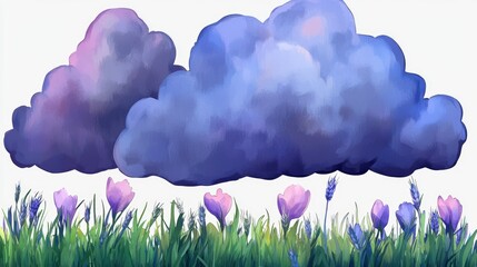 Poster - Watercolor Clouds and Flowers Illustration