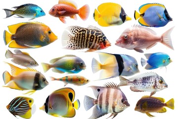 Wall Mural - Close-up photo of multiple fish types on a clean white surface, great for scientific or educational purposes