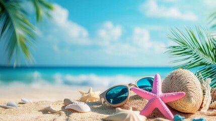 Essential beach items in focus near the water's edge.