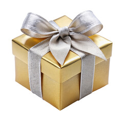 Small gold gift box wrapped with a silver ribbon bow, perfect for festive occasions, holidays, or special celebrations. Isolated on transparent background, png.