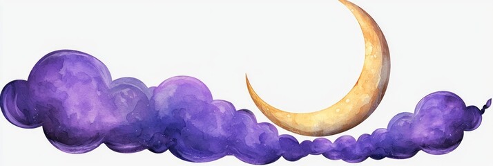 Poster - Watercolor Crescent Moon and Clouds