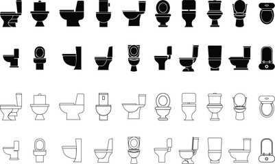 Poster - Set of Toilet icons bowl sanitary clean silhouette ware vectors bathroom in black flat, Outline styles. Bidet toilet flush WC for websites designs on transparent background. furniture for bathroom.