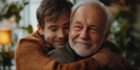 caucasian senior father and adult son are hugging together at home, generation family are happy with