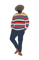 Wall Mural - Black stylish men standing in modern street fashion autumn clothes. African american guy wearing colorful striped sweater, hat, sunglasses, jeans. Vector flat illustration on transparent background.