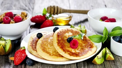 Poster - homemade pancakes with syrup and fresh berries