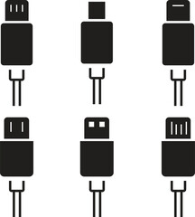 Poster - Set of USB cable flat Icons. Electronic device input cable cords, internet charging wire signs, lightning micro USB types for mobile phone connector plugs vectors isolated on transparent background.