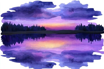 Poster - Watercolor Sunset Landscape with Reflection