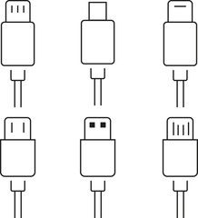 Poster - Set of USB cable outline Icons. Electronic device input cable cords, internet charging wire signs, lightning micro USB types for mobile phone connector plug vectors isolated on transparent background.