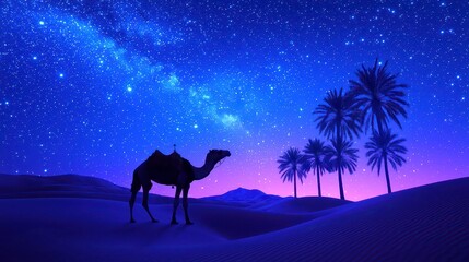 Fantasy Desert Mosaic, a captivating scene of a camel under a starry sky, surrounded by palm trees, enhancing artistic home decor with vibrant colors and enchanting details.