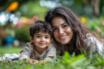 Dark-haired Latin mom and son play and have fun together spend quality time playing in a park without toys or a cell phone they live in poverty and, Generative AI