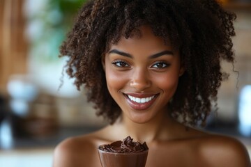 Young African-American woman eating chocolate paste at home, Generative AI