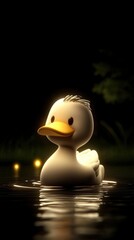 Poster - Cute Cartoon Duckling Swimming in a Pond at Night