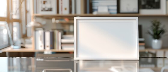 Wall Mural - Blank picture frame on a modern desk in a stylish workspace, ideal for displaying artwork or personal photos.