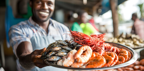 Wall Mural - Man proudly presenting a plate of sea food commercial advertising photo