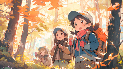 Poster - three little kids adventure in beautiful forest. with little school uniform. Anime style