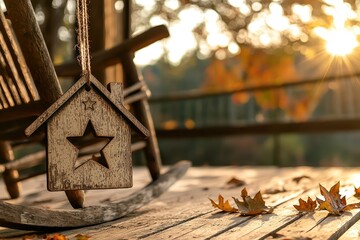 Poster - Wooden House Ornament Hanging From Porch Swing With Autumn Leaves