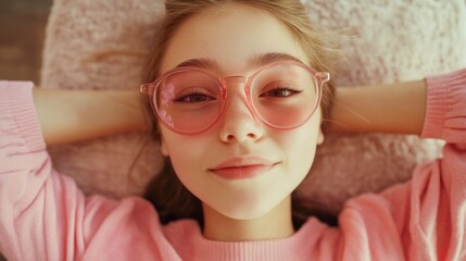 Wall Mural - Candid Portrait of a Young Woman with Pink Hair and Glasses, Relaxed on Sofa