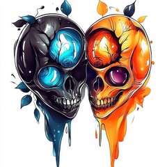 Poster - Two Skulls with Dripping Colors