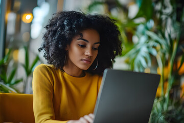 Sticker - Young beautiful African American woman working laptop a modern workspace