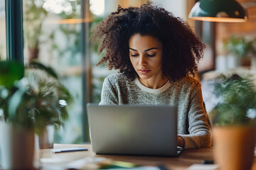 Canvas Print - Young beautiful African American woman working laptop a modern workspace