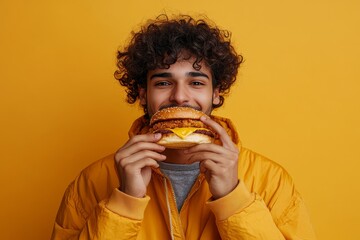 young hungry indian guy eating delicious cheeseburger on yellow isolated background, curly man eating fast food and biting burger, Generative AI