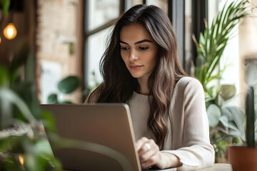 Canvas Print - Young beautiful woman working laptop a modern workspace