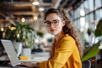 Sticker - Young beautiful woman working laptop a modern workspace