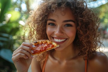 Beautiful young curly hair woman eating a slice of pizza outdoor, Generative AI